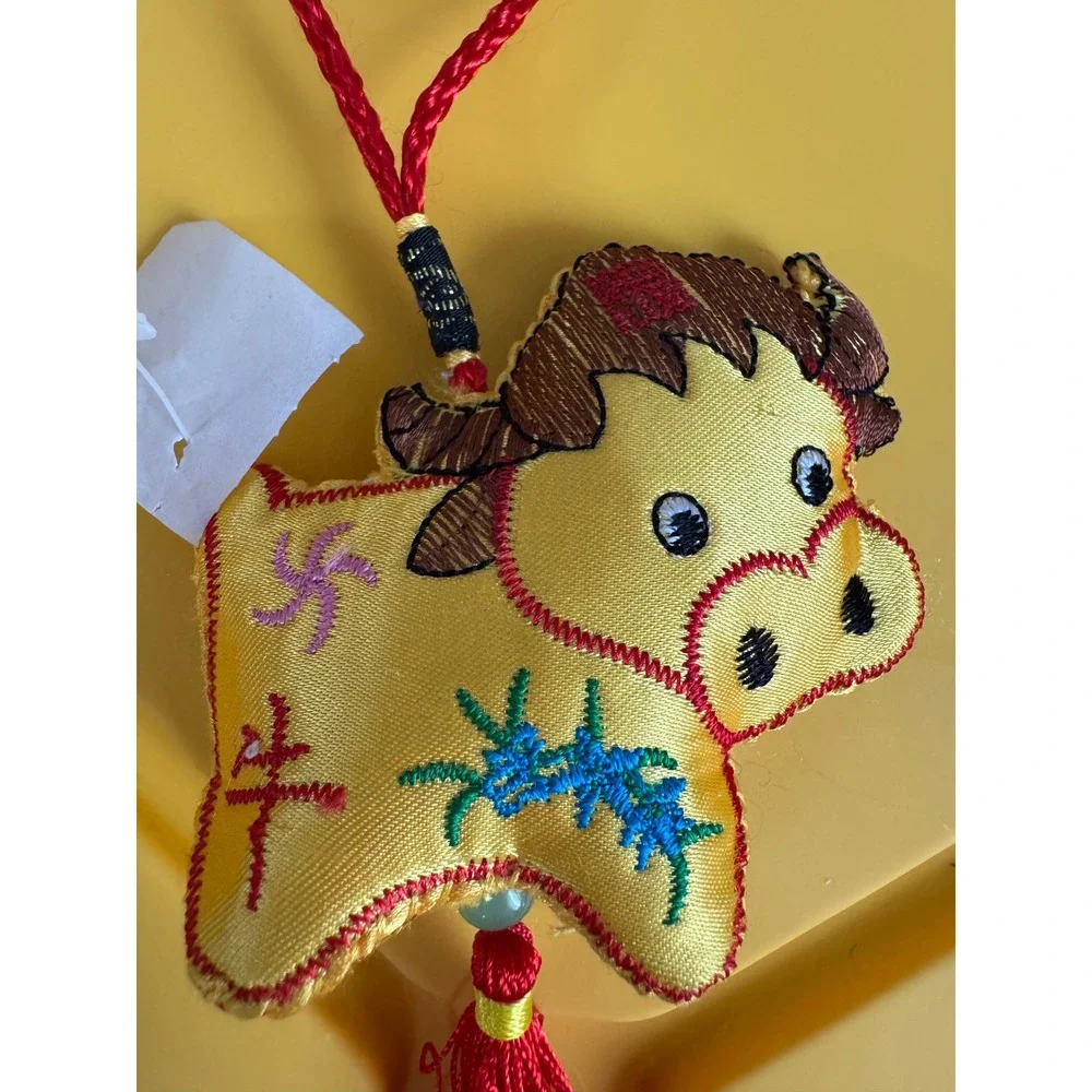 Chinese Zodiac Year of the Ox Plush Tassel Charm Yellow Red Embroidered Ornament